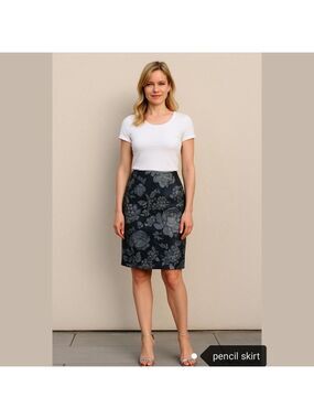 WHITE House Black Market skirt brocade black roses